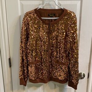 Twiggy London Bronze Sequin Womens Bomber Jacket Size 1X Evening Shimmer NYE